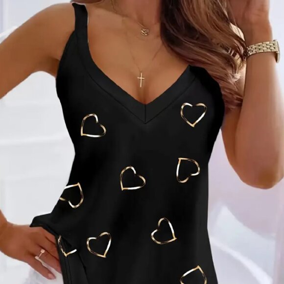 Tops - Medium Heart Print V Neck Tank Top, Casual Sleeveless Tank Top For Summer